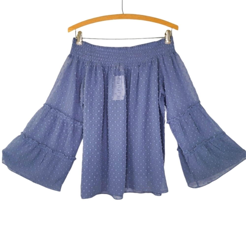 NWT LA Miel blue off the shoulder swiss dot blouse - Picture 5 of 12